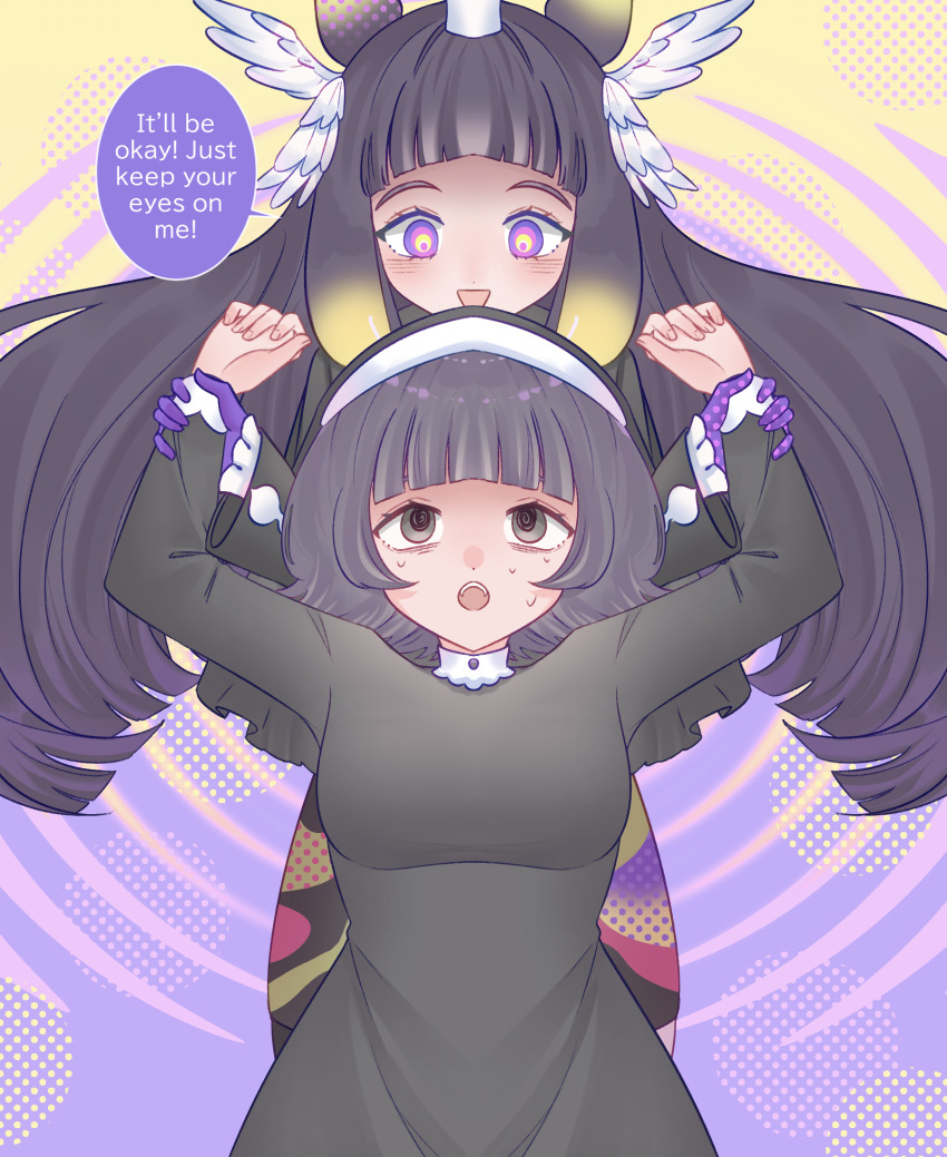 arms_above_head brown_eyes clothed crown elf_ears english_text female_only femdom femsub gloves hololive hololive_english long_hair missmilkou multicolored_eyes ninomae_ina'nis nun open_mouth purple_hair restrained sequence short_hair smile spiral_background sweat text wings
