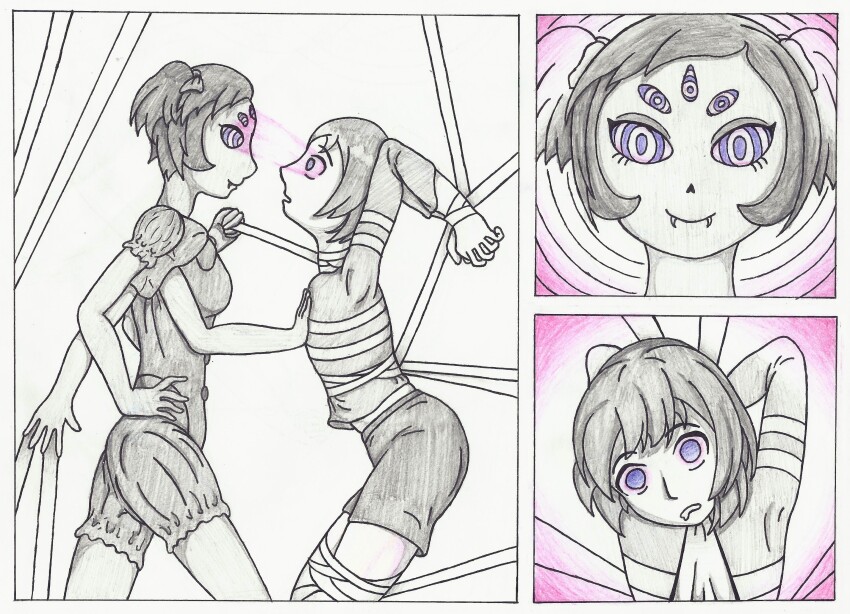 absurdres arms_above_head bondage breasts emerald_lazers empty_eyes expressionless femdom frisk_(undertale) glowing glowing_eyes monochrome monster_girl muffet open_mouth ring_eyes spiral_eyes symbol_in_eyes tagme traditional undertale