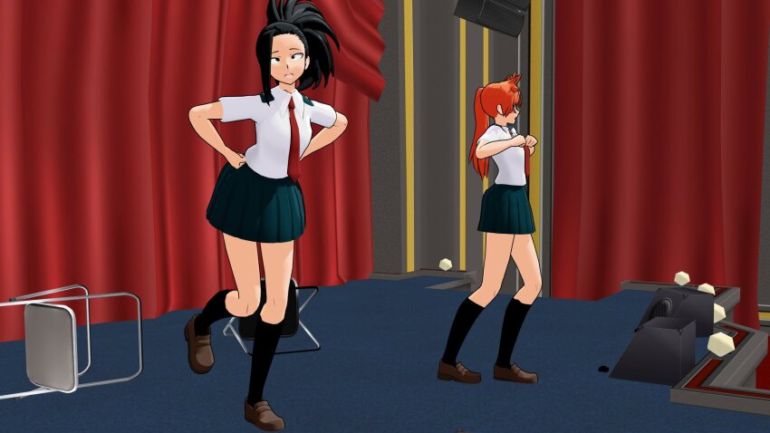 3d airmotor black_eyes black_hair chicken_dance chicken_pose crossed_eyes dazed dress_shirt expressionless eye_roll female_only femsub itsuka_kendo mmd momo_yaoyorozu multiple_girls multiple_subs my_hero_academia open_mouth orange_hair ponytail school_uniform shirt skirt socks stage_hypnosis tie traditional_hypnosis uniform