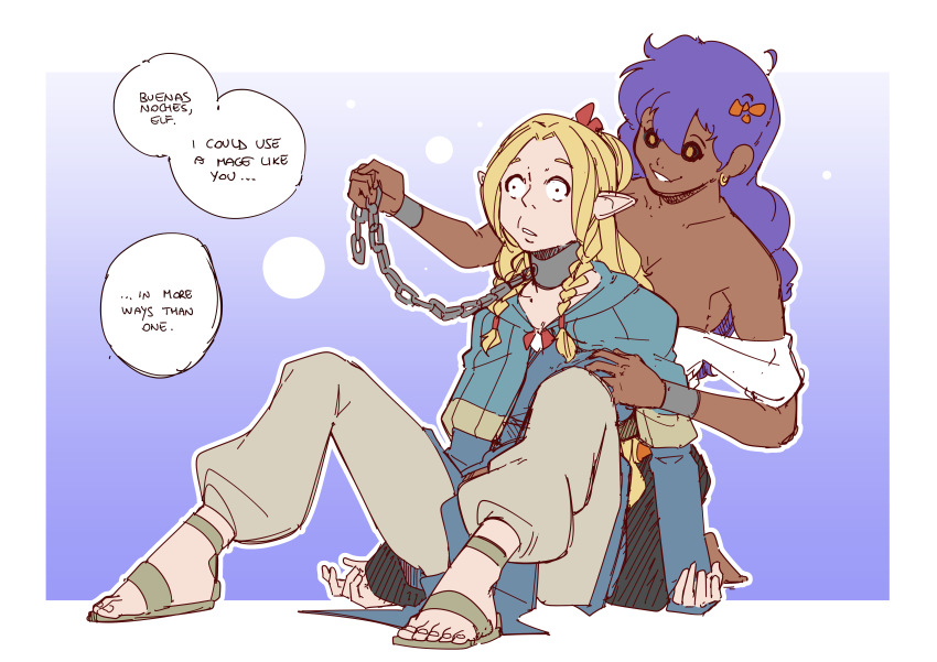 chains clothed collar crossed_eyes delicious_in_dungeon efalabrino female_only femdom femsub ghost groping latina marcille_donato original sandals sitting speech_bubble tagme text wall_eyed xochilt_(toast)