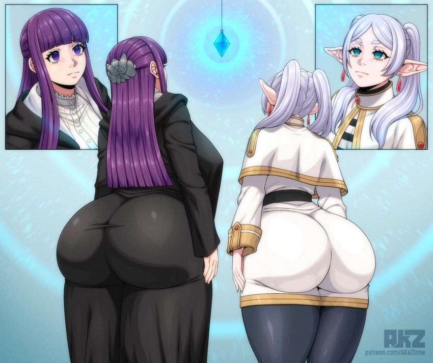 akazai ass crystal earrings elf elf_ears empty_eyes expressionless female_only femsub fern_(frieren:_beyond_journey&#039;s_end) frieren frieren:_beyond_journey&#039;s_end glowing huge_ass long_hair multiple_girls multiple_subs purple_eyes purple_hair standing twintails watermark white_hair