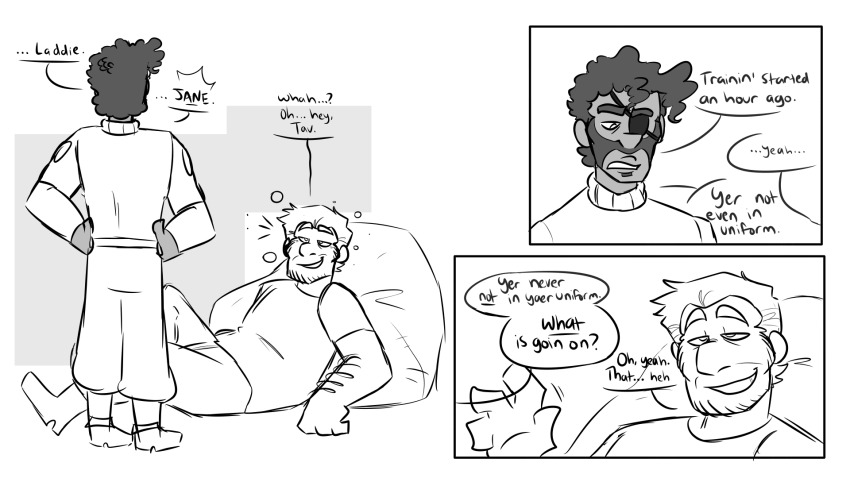 arm_hair beard comic dark_skin demoman_(team_fortress_2) dialogue english_text greyscale happy_trance lying male_only malesub monochrome multiple_subs mx_driftdrop sleepy smile soldier_(team_fortress_2) speech_bubble standing team_fortress_2 text white_background