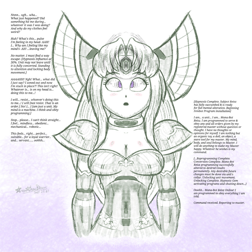 absurdres altered_common_sense alternate_costume ameerashourdraws breasts cleavage dazed drone dronification empty_eyes expressionless female_only fembot femsub jewelry latex mana_(series) monochrome open_mouth purple_eyes riesz_(mana) robotic_trance sketch square_enix text trials_of_mana