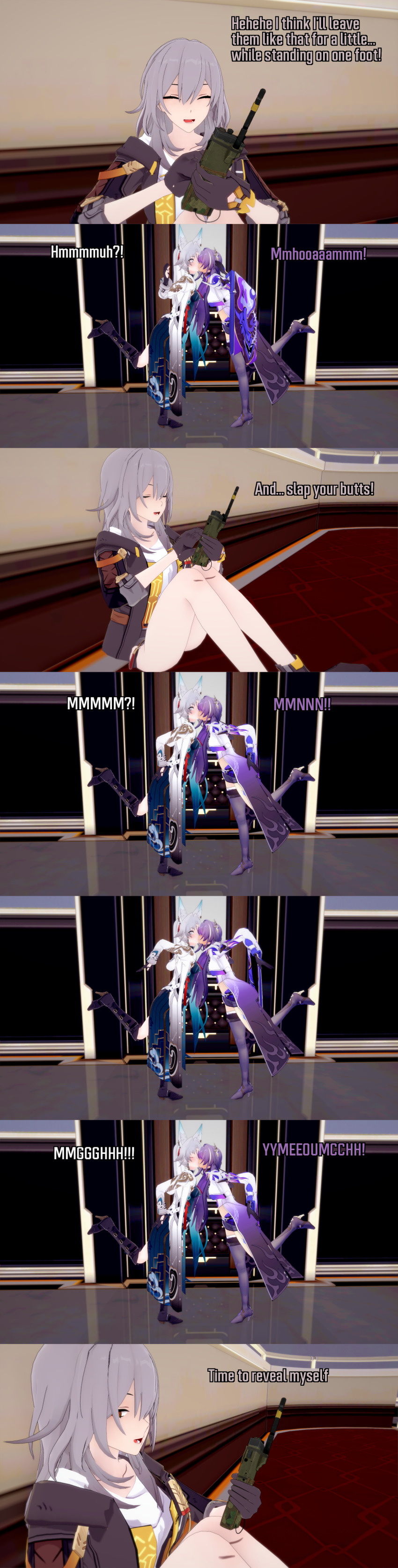 absurdres acheron_(honkai_star_rail) animal_ears aware blue_eyes body_control brown_eyes closed_eyes confused dialogue english_text feixiao_(honkai_star_rail) female_only femdom femsub fox_ears fox_girl fox_tail grey_hair hair_covering_one_eye honkai_star_rail kissing long_hair multiple_girls multiple_subs pink_eyes purple_hair short_hair spanking stelle_(honkai_star_rail) sub_on_sub tail text white_hair yuri zenin1