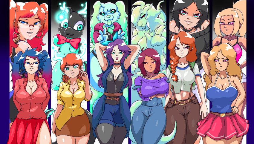abigail_(stardew_valley) alternate_color_scheme alternate_form alternate_hair_color alternate_hairstyle arms_above_head arms_behind_back bare_shoulders bimbofication black_hair black_sclera blonde_hair blue_eyes blue_hair breast_expansion breasts britney_(hugothetroll) carmin_(pipepumpkin) cleavage crossed_arms double_v dress earrings emily_(stardew_valley) expressionless eye_color_change fang_(tricktreat) femdom femsub fusion glasses goomey_(rhanu_komsun) green_eyes haley_(stardew_valley) hand_on_hip happy_trance jewelry large_breasts leah_(stardew_valley) looking_at_viewer lydia_(xenochronicle25) maru_(stardew_valley) midriff mimi_(yasudakojo) multicolored_eyes multiple_doms multiple_girls multiple_possessors multiple_subs navel orange_hair original pants penny_(stardew_valley) pink_eyes ponytail possession purple_hair red_eyes rhanu_komsun skirt slime smile stardew_valley tail thick_thighs thighs tongue tongue_out v