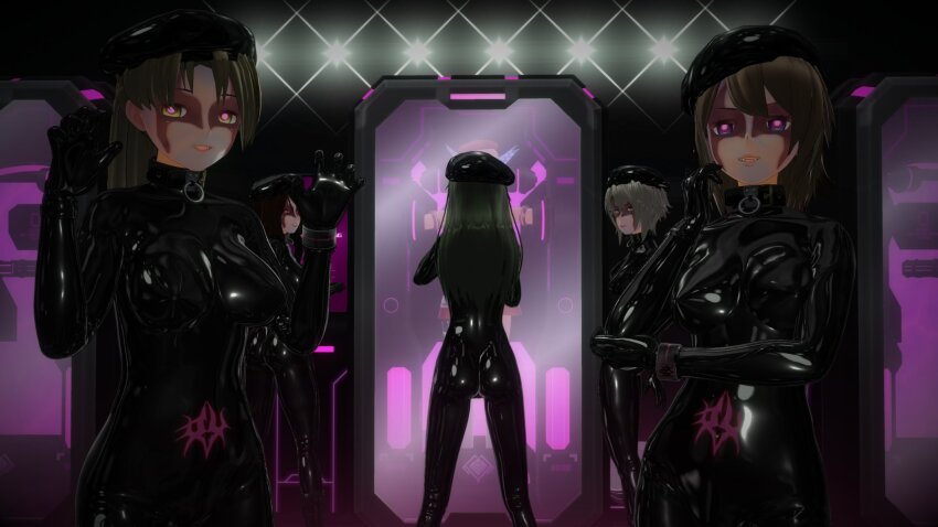 3d ass bangs beret black_hair blue_eyes blue_skin bodysuit breasts collar crossed_arms crotch_tattoo cuffs custom_maid_3d_2 face_paint fangs female_only femdom femsub gloves glowing_eyes green_hair grey_hair happy_trance hat hypnotized_dom latex li_q looking_at_viewer multicolored_eyes multiple_doms multiple_girls multiple_subs original pink_eyes red_eyes restrained rubber short_hair standing tech_control tight_clothing yellow_eyes