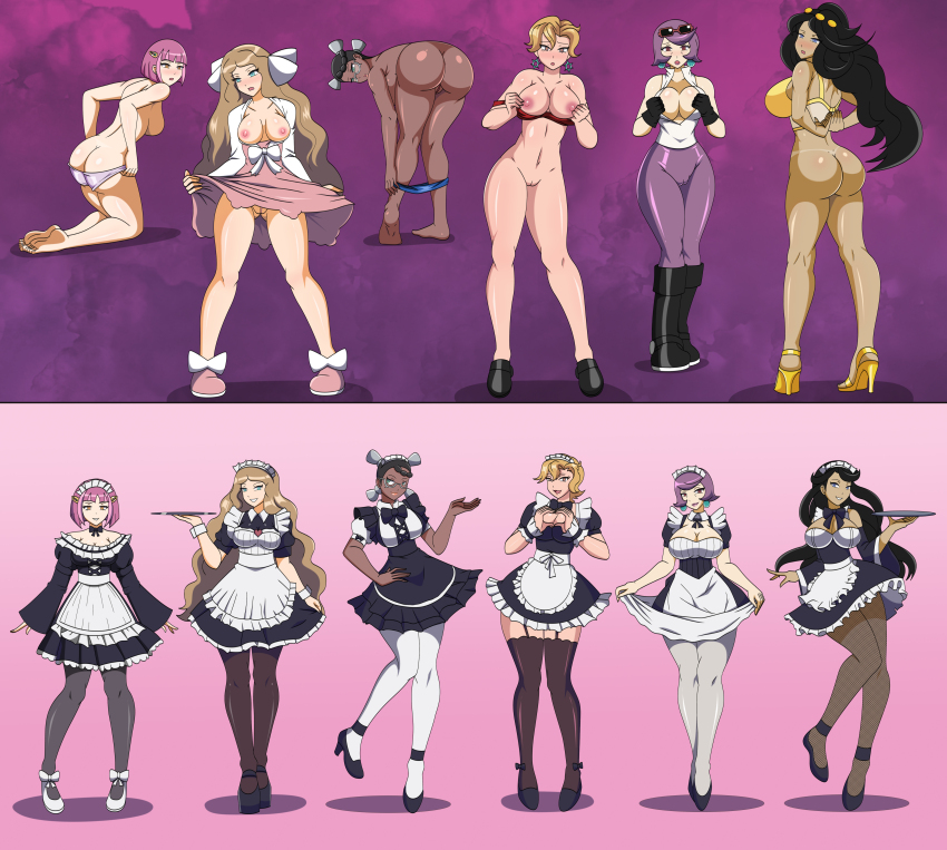 absurdres amarys_(pokemon) apron argenta_(pokemon) ass before_and_after bent_over black_hair blonde_hair boots briar_(pokemon) caitlin_(pokemon) cameltoe cleavage clothed_exposure dahlia_(pokemon) dark_skin dlobo777 dress earrings empty_eyes erect_nipples exposed_chest female_only femsub fishnets garter_straps hair_ornament happy_trance heart_hands high_heels kneeling lacey_(pokemon) large_ass large_breasts long_hair maid maid_headdress midriff multicolored_hair multiple_girls multiple_subs nintendo panties pantyhose pink_background pink_hair pokemon pokemon_diamond_pearl_and_platinum pokemon_scarlet_and_violet purple_background purple_hair pussy short_hair simple_background skirt_lift sunglasses tan_skin thighhighs thong tray undressing