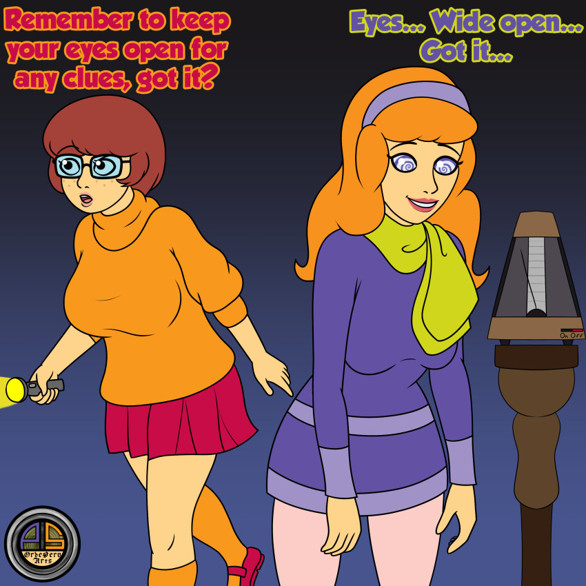 brown_hair daphne_blake dialogue dress english_text femsub flashlight glasses hair_band humor leggings lipstick long_hair metronome orange_hair ordeper_arts scarf scooby-doo_(series) short_hair signature simple_background skirt spiral_eyes sweater symbol_in_eyes text velma_dinkley