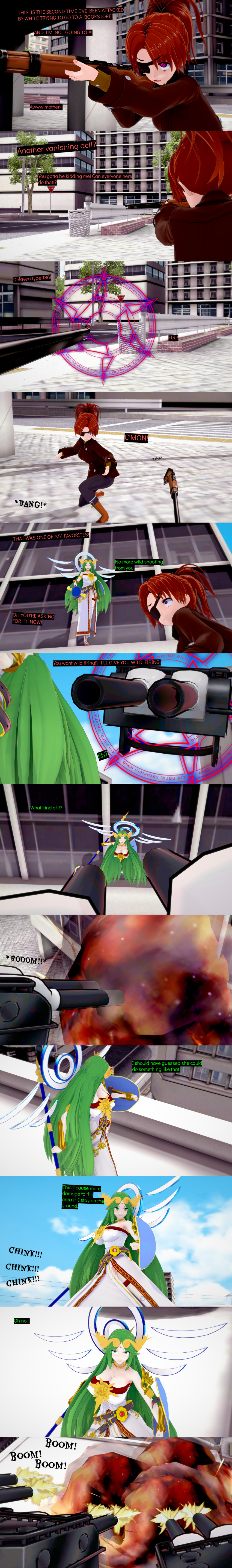 absurdres aware clothed cyanstargazer dialogue english_text eyepatch goddess green_eyes green_hair gun kid_icarus long_hair multiple_girls nintendo palutena red_hair shield staff super_smash_bros. text weapon