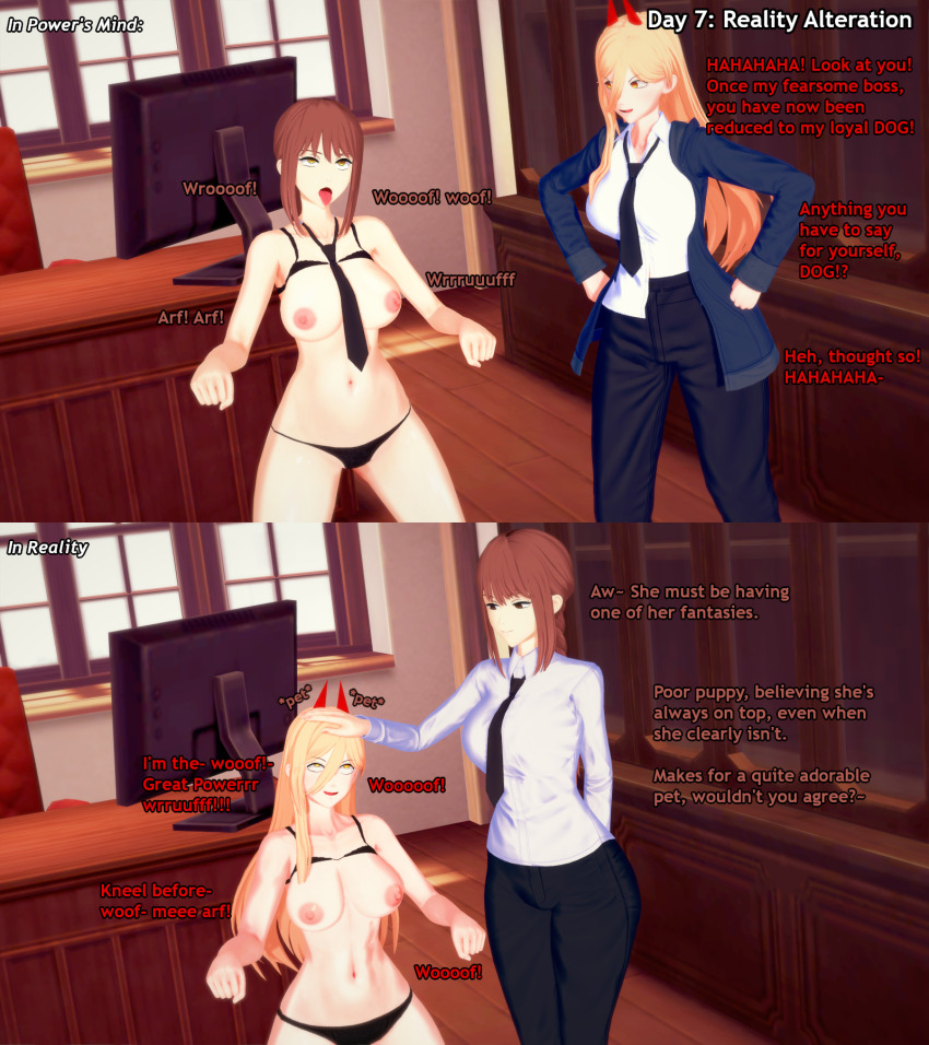 3d altered_perception blonde_hair chainsaw_man dialogue dog_pose english_text eye_roll happy_trance horns hypnovember koikatsu! liz_b makima_(chainsaw_man) pet_play power_(chainsaw_man) red_hair tie tongue_out underwear yellow_eyes