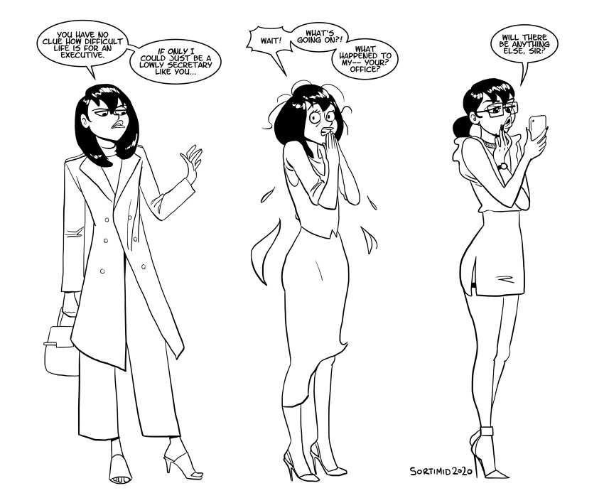 absurdres before_and_after cell_phone clothed coat comic demotion dialogue female_only femsub high_heels humor lipstick long_hair monochrome office_lady original phone ponytail signature skirt sortimid speech_bubble text thighhighs transformation