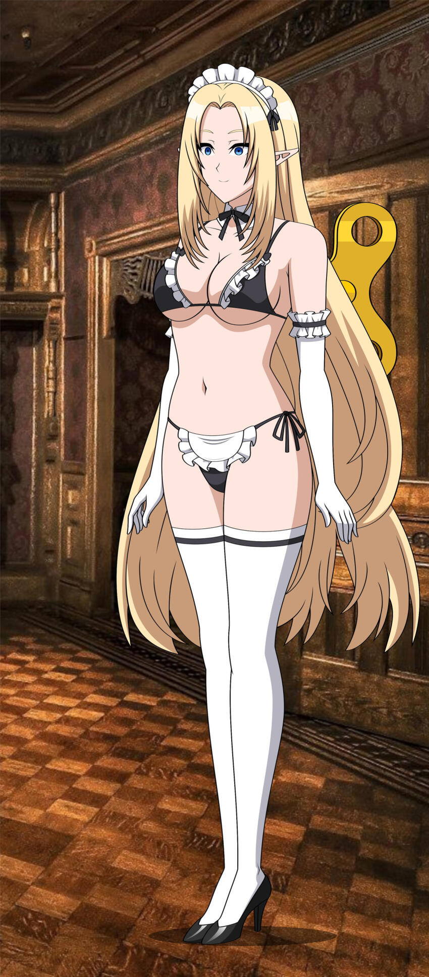 alpha_(the_eminence_in_shadow) bare_shoulders blonde_hair blue_eyes bow collar complex_background elf elf_ears empty_eyes female_only femsub happy_trance high_heels jimryu long_hair maid maid_headdress navel opera_gloves smile solo standing standing_at_attention tagme the_eminence_in_shadow thighhighs very_long_hair wind-up_key