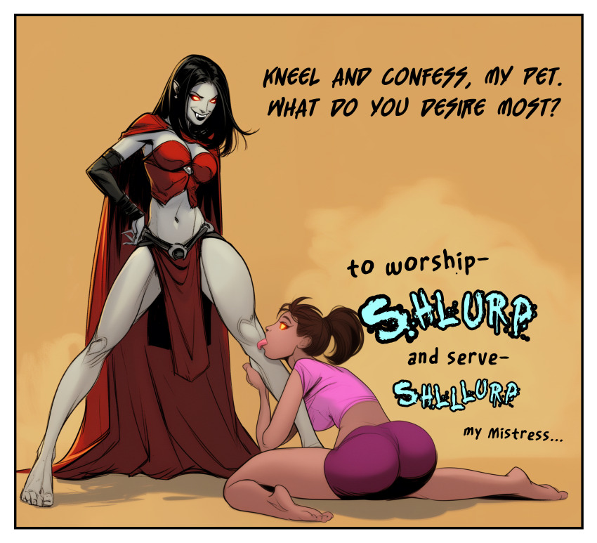 ai_art ass barefoot black_hair brown_hair cape cleavage clothed crop_top elf_ears english_text expressionless fangs feet femdom femsub fortunadoe_(generator) glowing_eyes grey_skin kneeling licking loincloth midriff multiple_girls navel ponytail short_hair smirk standing text tongue vampire yuri