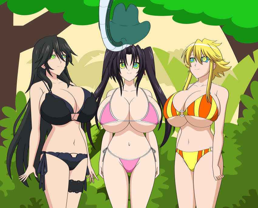 absurdres akame_ga_kill! bikini black_hair blonde_hair breasts cleavage disney femsub happy_trance high_school_dxd huge_breasts infinite_stratos jimryu jungle kaa kaa_eyes leone multiple_girls multiple_subs navel orimura_chifuyu serafall_leviathan short_hair smile snake standing the_jungle_book twintails very_long_hair