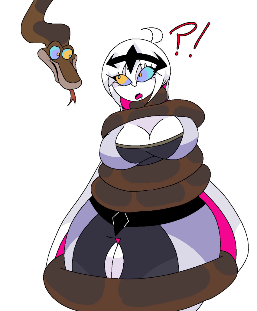 absurdres bangs belt bodysuit bondage breasts cleavage clothed coat coils crown disney drool em1koo femsub friday_night_funkin&#039; hypnotic_eyes kaa kaa_eyes large_breasts long_hair maledom nikusa_(friday_night_funkin&#039;) open_mouth pink_hair ring_eyes simple_background snake snake_boy surprised the_jungle_book thick_thighs thighs tongue tongue_out white_background white_hair white_skin wide_hips