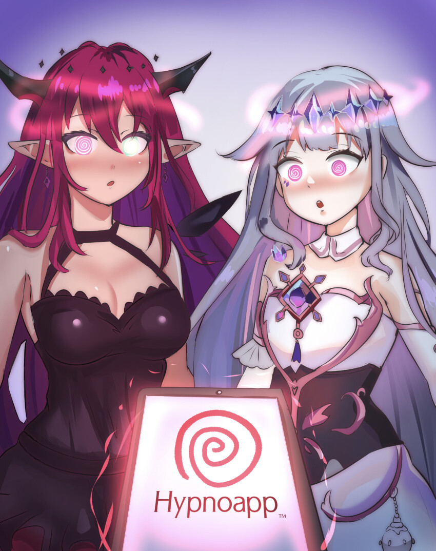 bare_shoulders bijou_koseki blush cell_phone choker cleavage cleavage_cutout corset dress elf_ears eyebrows_visible_through_hair face_paint female_only femsub glowing_eyes gradient_background green_eyes headdress heterochromia hololive hololive_english horns hypnotic_app irys_(hololive) jewelry large_breasts long_hair makeup multiple_girls multiple_subs open_mouth opera_gloves pink_eyes red_hair silver_hair simple_background skirt smeef spiral spiral_eyes tech_control