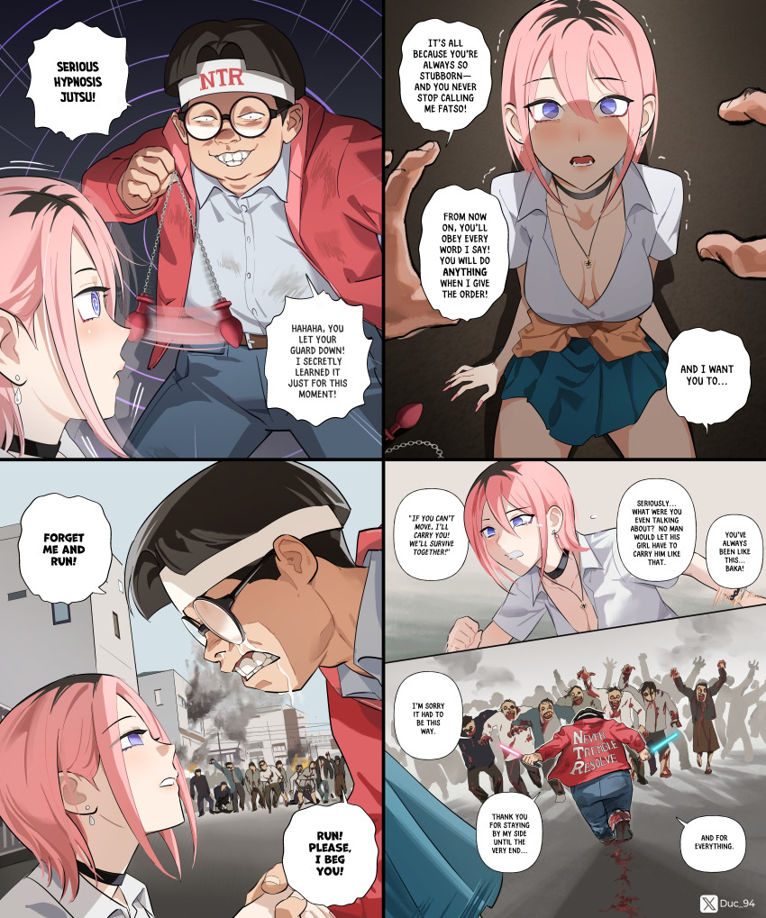 absurdres black_hair blood blue_eyes butt_plug choker clothed dialogue duongduccomics english_text fat femsub glasses humor lightsaber maledom multiple_boys multiple_girls necklace original pendulum pink_hair sex_toy short_hair spiral spiral_eyes tears text ugly_bastard wholesome wounds zombie
