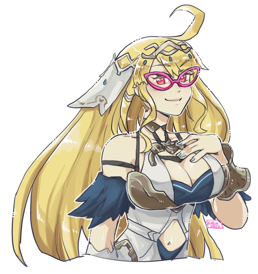 ahoge alternate_costume bare_shoulders blonde_hair breasts choker cleavage cygames dragalia_lost dragalia_lust dress english_text female_only femdom femsub glasses happy_trance holding_breasts large_breasts liling_(bluenayru) long_hair looking_at_viewer midriff nail_polish navel nintendo original possession princess red_eyes smile source_request text white_background zethia