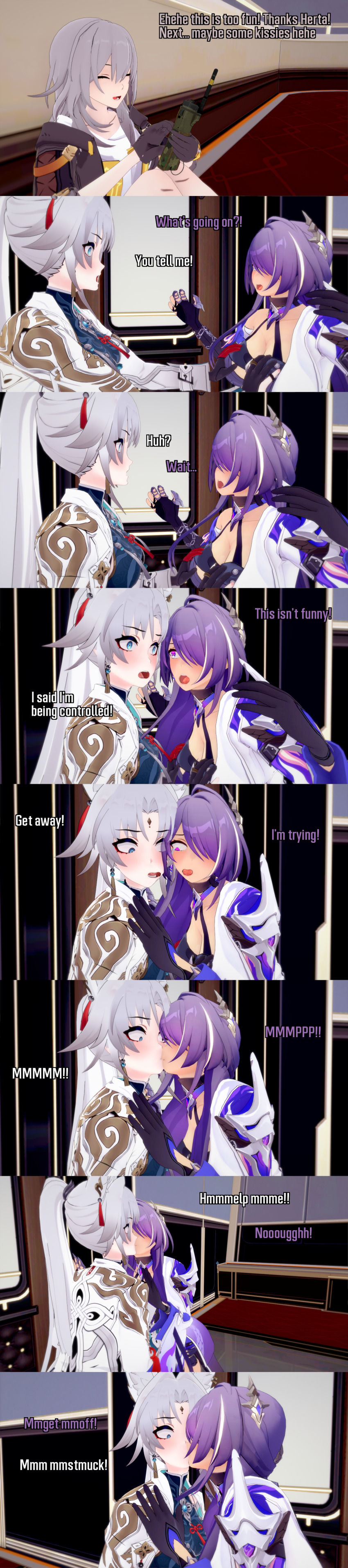 absurdres acheron_(honkai_star_rail) animal_ears aware blue_eyes body_control closed_eyes confused dialogue english_text feixiao_(honkai_star_rail) female_only femdom femsub fox_ears fox_girl fox_tail grey_hair hair_covering_one_eye honkai_star_rail kissing long_hair multiple_girls multiple_subs pink_eyes purple_hair short_hair stelle_(honkai_star_rail) sub_on_sub tail text white_hair yuri zenin1