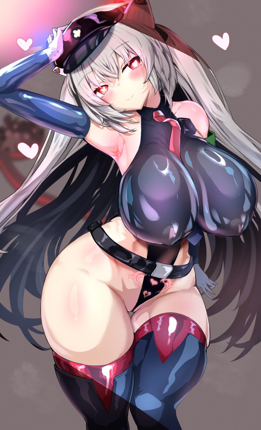 animal_ears armpits bangs bare_shoulders belt blush cat_ears cat_girl cat_tail clothed_exposure crotch_tattoo erect_nipples erect_nipples_under_clothes female_only femsub gloves glowing_eyes grey_background grey_hair hagfish21 hat heart huge_breasts leotard long_hair looking_at_viewer love nora_cat opera_gloves red_eyes simple_background smile sweat tail thick_thighs thigh_boots thighhighs tie twintails very_long_hair virtual_youtuber wide_hips