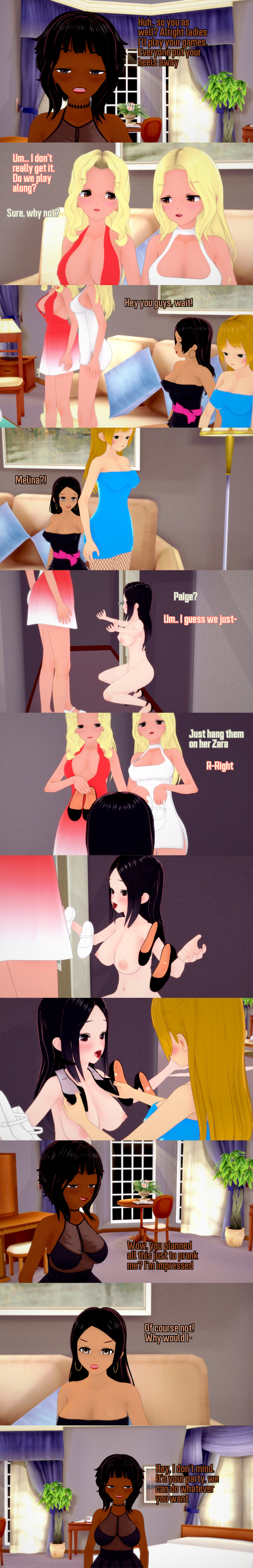 absurdres alice_(veritas) black_eyes black_hair blonde_hair breasts brown_eyes clothed dark_skin dialogue divya_(veritas) empty_eyes english_text expressionless female_only femsub green_eyes human_furniture long_hair melina_(veritas) multiple_girls multiple_subs nipples nude pubic_hair short_hair simone_(veritas) squatting text twins veritas zenin1