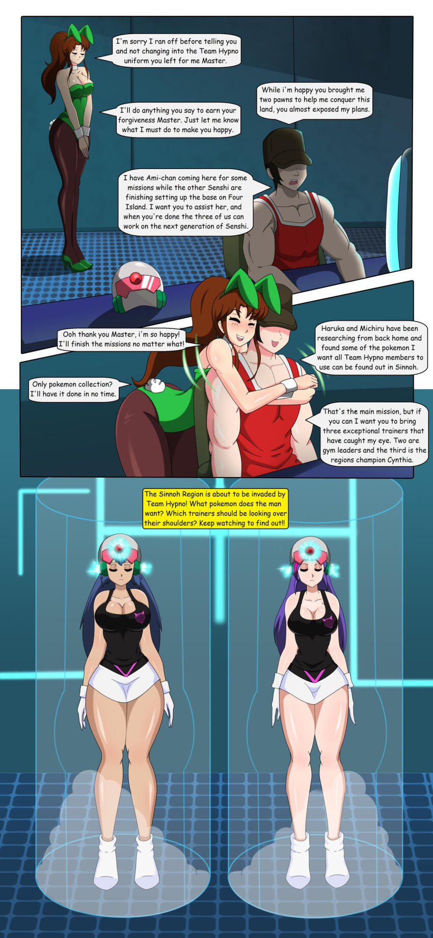 blue_hair brown_hair bunny_ears bunnysuit comic dawn dialogue dlobo777 femsub jenny_rowell large_breasts maledom nintendo original pokemon purple_hair sailor_jupiter sailor_moon_(series) sleeping tail team_hypno text