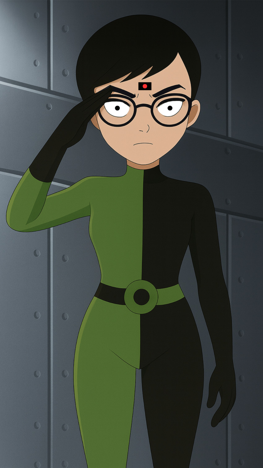 ai_art alternate_costume black_hair bodysuit carmen_sandiego clothed female_only femsub glasses gloves hypnotic_accessory julia_argent_(carmen_sandiego) looking_at_viewer microchip saluting short_hair shrunken_irises solo tech_control zupern0va_(manipper)