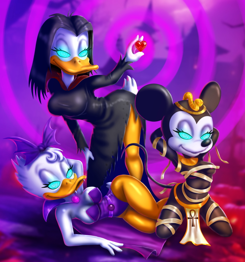 14-bis bare_shoulders black_hair blue_eyes cleavage corruption daisy_duck disney duck_girl ducktales evil_smile heart jewelry large_breasts magica_de_spell midriff minnie_mouse mouse_girl short_hair smile spiral_eyes vampire western witch