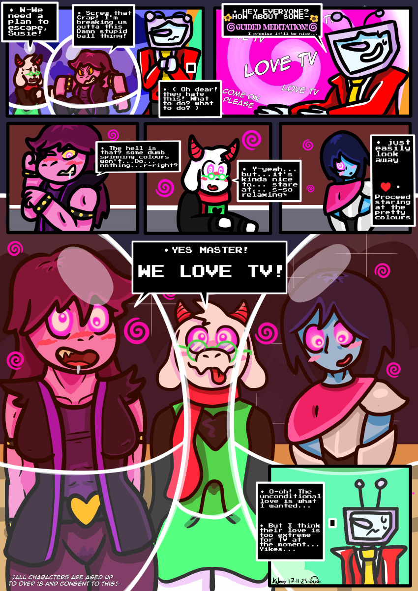 aged_up armor blush comic confused dazed deltarune dialogue drool erect_nipples erect_nipples_under_clothes erection erection_under_clothes femsub gameplay_mechanics goat_boy happy_trance horns humor hypnotic_screen kilroylucy18 kris_(deltarune) lizard_girl maledom malesub monster_boy monster_girl multiple_subs non-binary_sub ralsei resisting restrained robe scarf smile spiralwash_eyes susie_(deltarune) tenna tv video_game