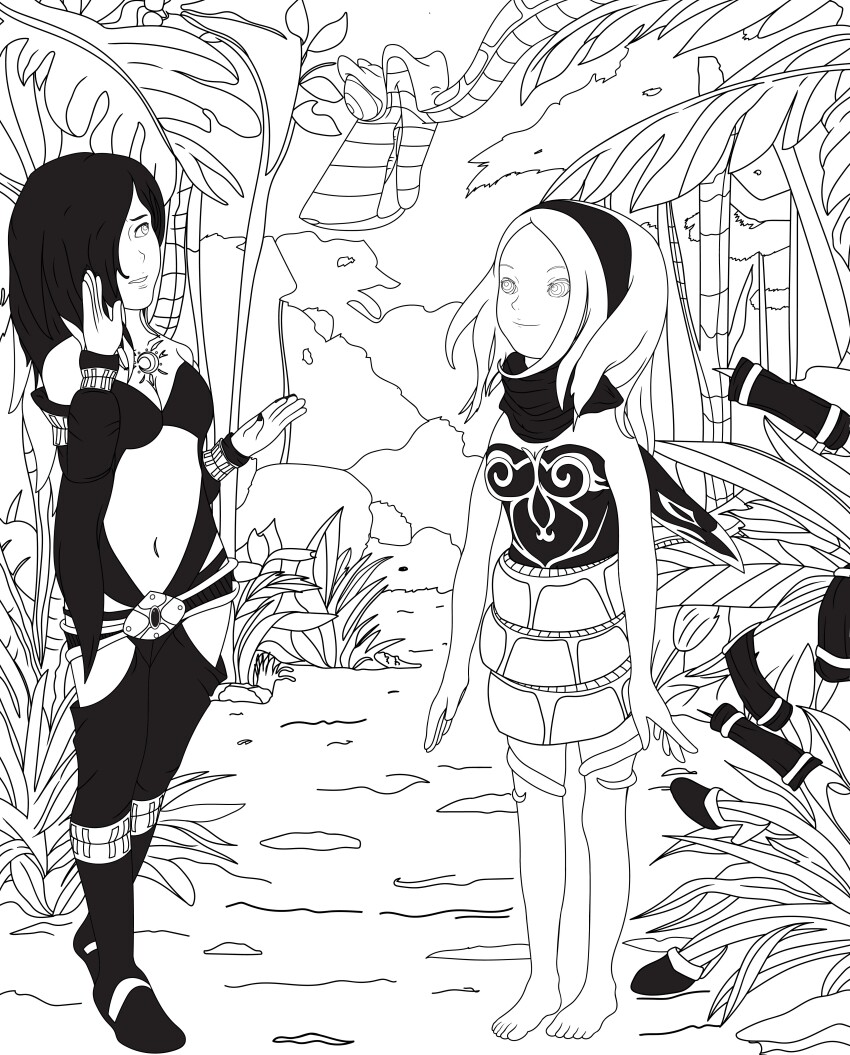 absurdres bare_shoulders barefoot black_hair cleavage coils crossover disney femsub gravity_rush greyscale hair_covering_one_eye happy_trance high_heels kaa kaa_eyes kat_(gravity_rush) legs maledom midriff monochrome navel outdoors raven_(gravity_rush) resisting restrained rubio515 smile snake standing standing_at_attention the_jungle_book undressing