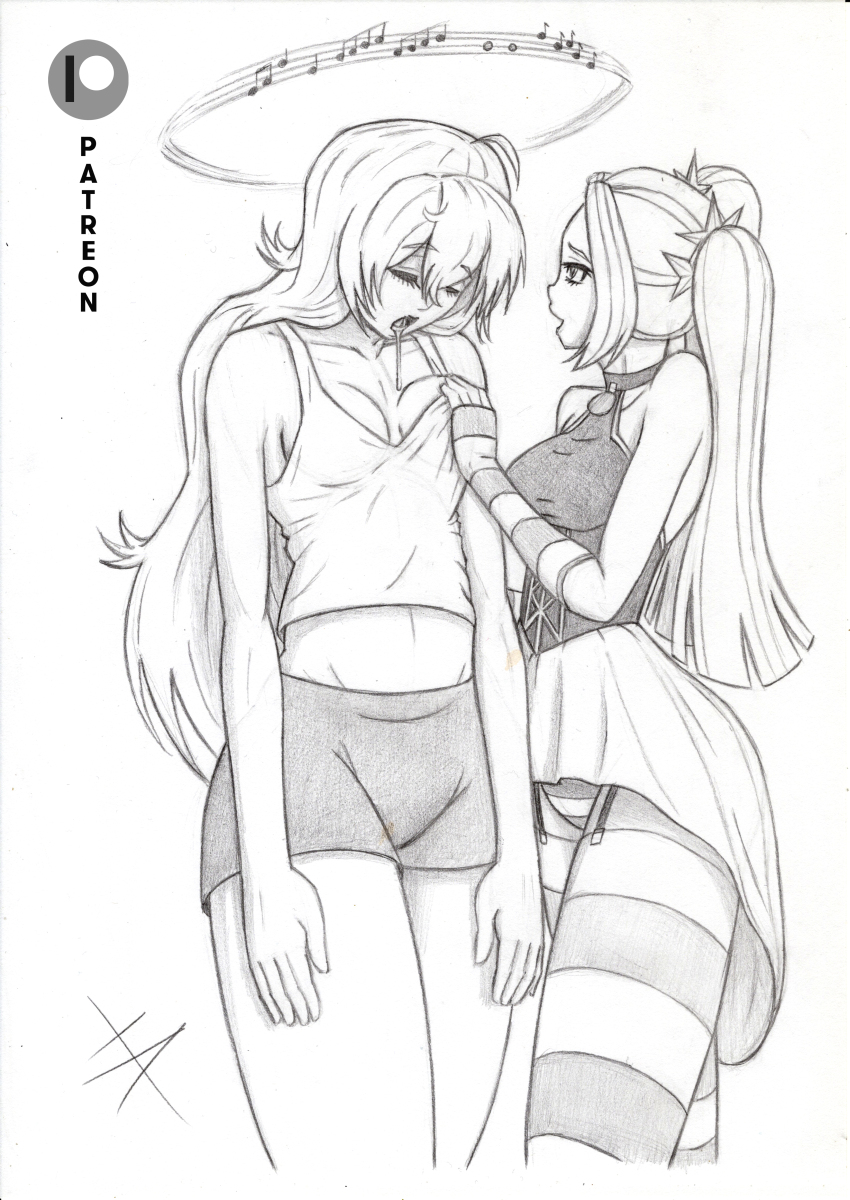absurdres aria_blaze bare_shoulders breast_grab breasts choker cleavage closed_eyes control_indicator crossover drool equestria_girls female_only femdom femsub greyscale groping hypnotic_music iashmoreart my_little_pony open_mouth rwby shorts signature singing sleepwalking thighs very_long_hair yang_xiao_long