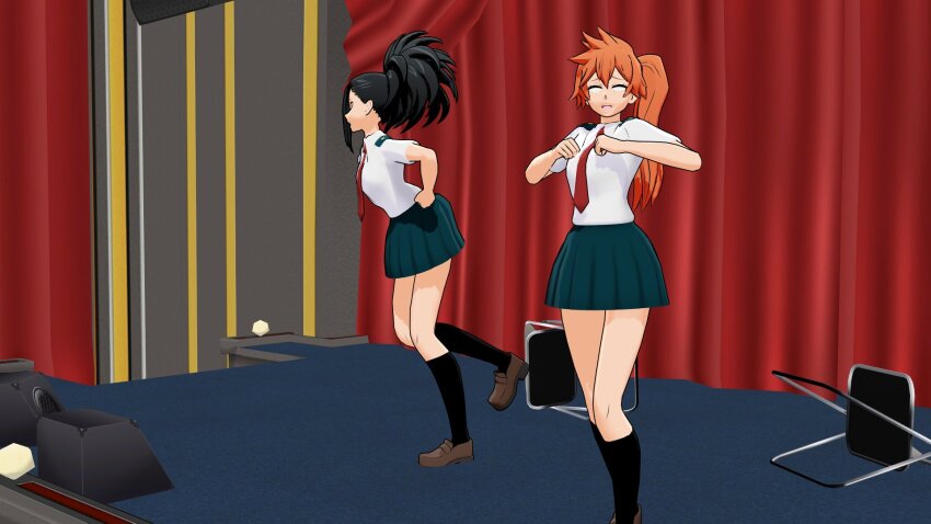 3d airmotor black_eyes black_hair chicken_dance chicken_pose dazed dress_shirt expressionless female_only femsub itsuka_kendo mmd momo_yaoyorozu multiple_girls multiple_subs my_hero_academia open_mouth orange_hair ponytail school_uniform shirt skirt socks stage_hypnosis tie traditional_hypnosis uniform whitewash_eyes