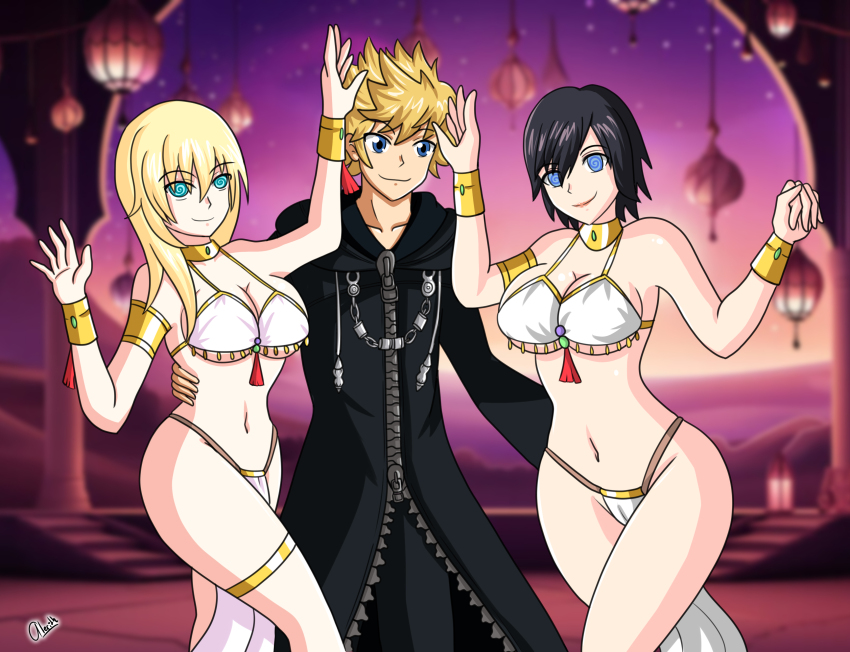 alerith black_hair blonde_hair disney femsub happy_trance harem harem_outfit kingdom_hearts large_breasts lipstick maledom multiple_girls multiple_subs namine roxas spiral_eyes xion_(kingdom_hearts)