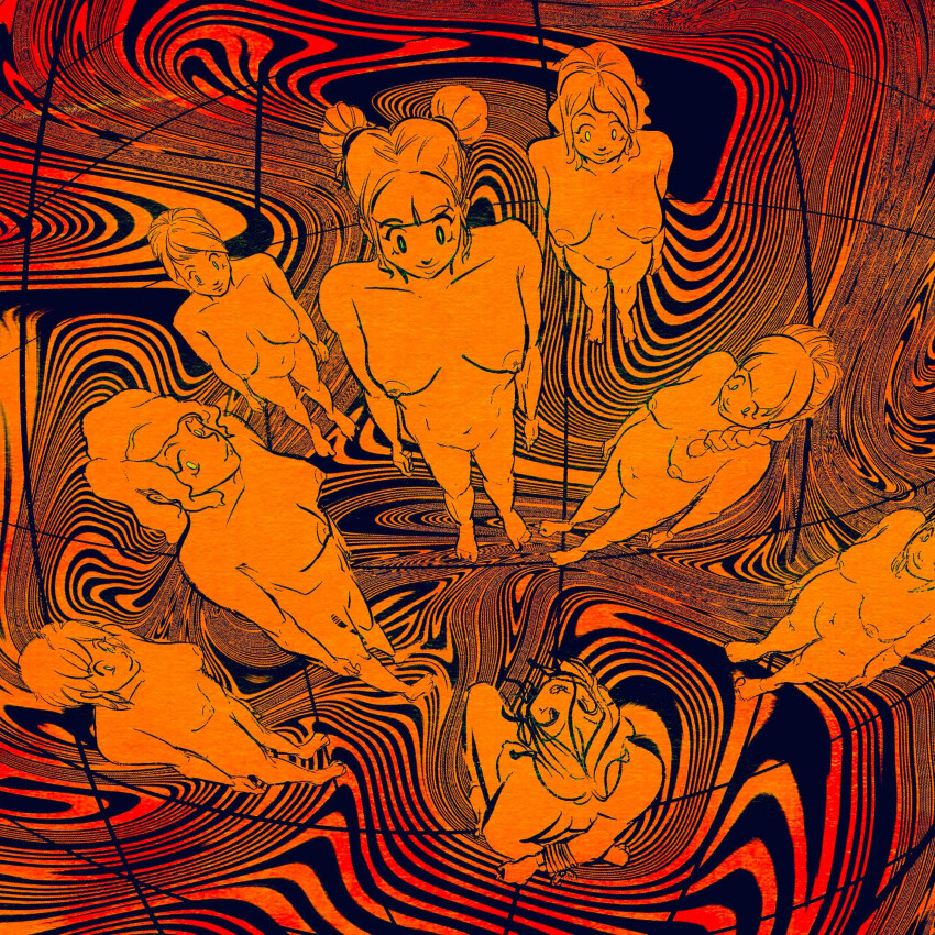 black_eyes braid character_request complex_background copyright_request eyebrows_visible_through_hair feet female_only femsub green_eyes hair_buns happy_trance hypnotized_hypnotist kneeling leash long_hair multiple_girls multiple_subs navel nude projectmsmr pussy restrained rope short_hair smile spiral_background standing