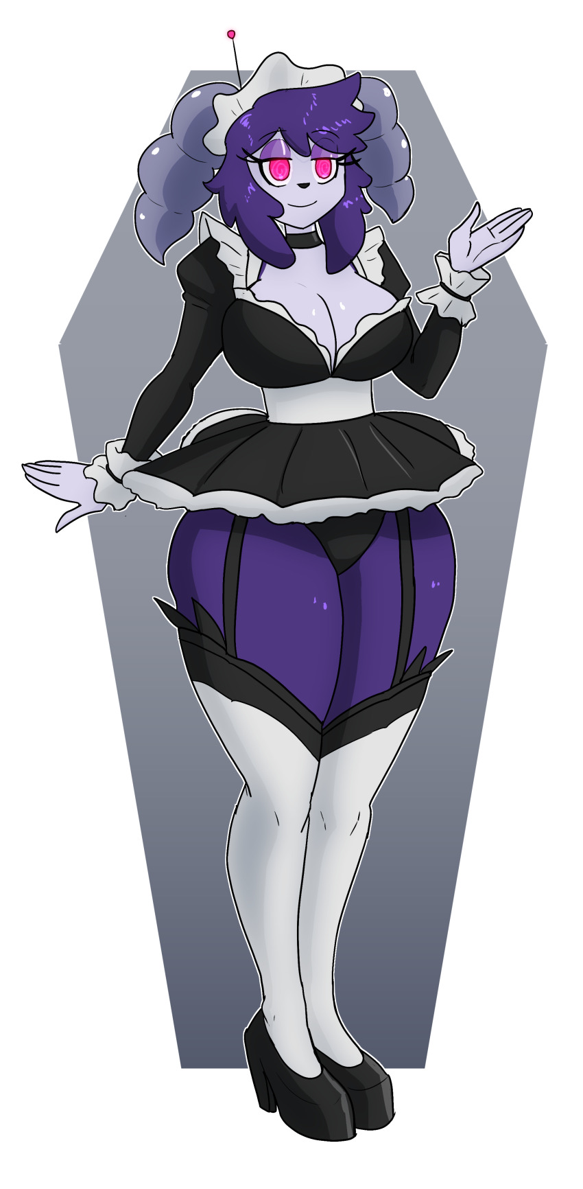 absurdres antenna ayuko_(jcroth) border choker cleavage diamondgrenadier25 female_only femsub furry garter_straps gloves goat_girl gradient_background heavy_eyelids high_heels horns huge_breasts indeedee long_hair maid maid_headdress nintendo original panties pokemon purple_hair purple_skin short_skirt simple_background skirt smile solo spiral spiral_eyes tech_control thighhighs uniform