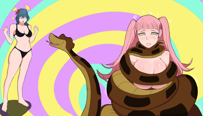 absurdres alternate_costume bare_legs bare_shoulders barefoot bikini bikini_bottom bikini_top black_eyes blue_hair blush breasts byleth_eisner cleavage coils crossover disney edicxxxon eye_color_change femsub fire_emblem fire_emblem_three_houses flower flower_in_hair forked_tongue heterochromia hilda_valentine_goneril huge_breasts hypnotic_eyes kaa kaa_eyes large_breasts legs long_hair looking_at_viewer maledom midriff navel nintendo open_mouth pink_hair restrained snake spiral spiral_background standing swimsuit symbol the_jungle_book tongue tongue_out twintails