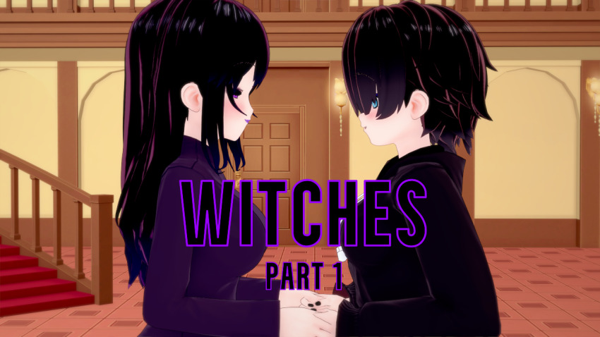 aware black_hair blue_eyes clothed cover english_text female_only kurai_(witch) long_hair mad_jacks multiple_girls ophelia's_dollhouse ophelia_(ophelia's_dollhouse) purple_eyes short_hair text witch_(mad_jacks) zenin1