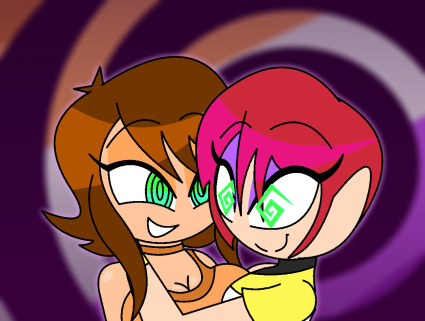 aged_up ahoge bangs bracelet brown_hair choker cleavage disney eyebrows_visible_through_hair eyelashes eyeshadow femdom green_eyes happy_trance hug hypnoscream kairi kingdom_hearts large_breasts non-binary_sub olette pride_colors red_hair ring_background ring_eyes short_hair smile spiral_eyes tank_top yuri