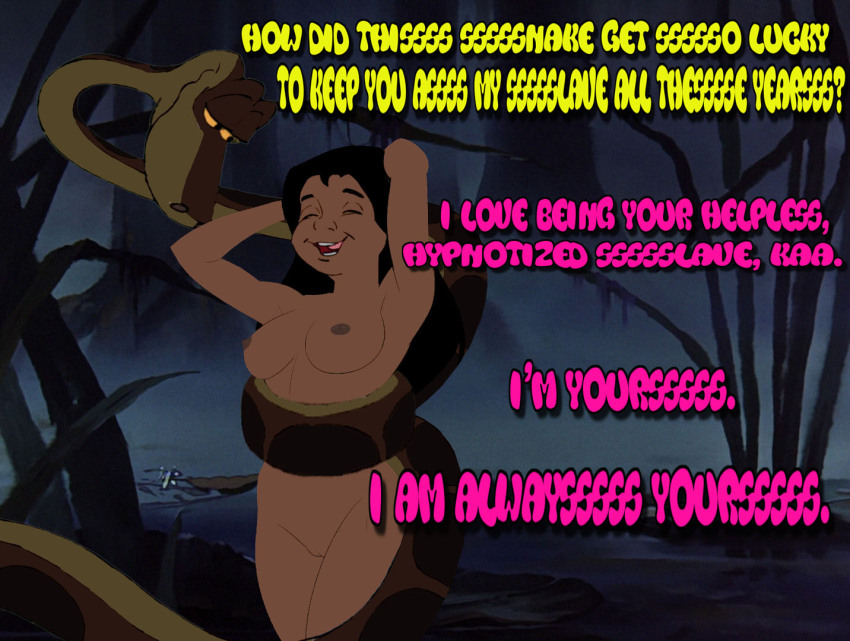 aged_up bottomless breasts closed_eyes coils femsub genderswap good_sub_conditioning happy_trance kaa large_breasts maledom mowgli nude text the_jungle_book topless waqqed_(manipper)