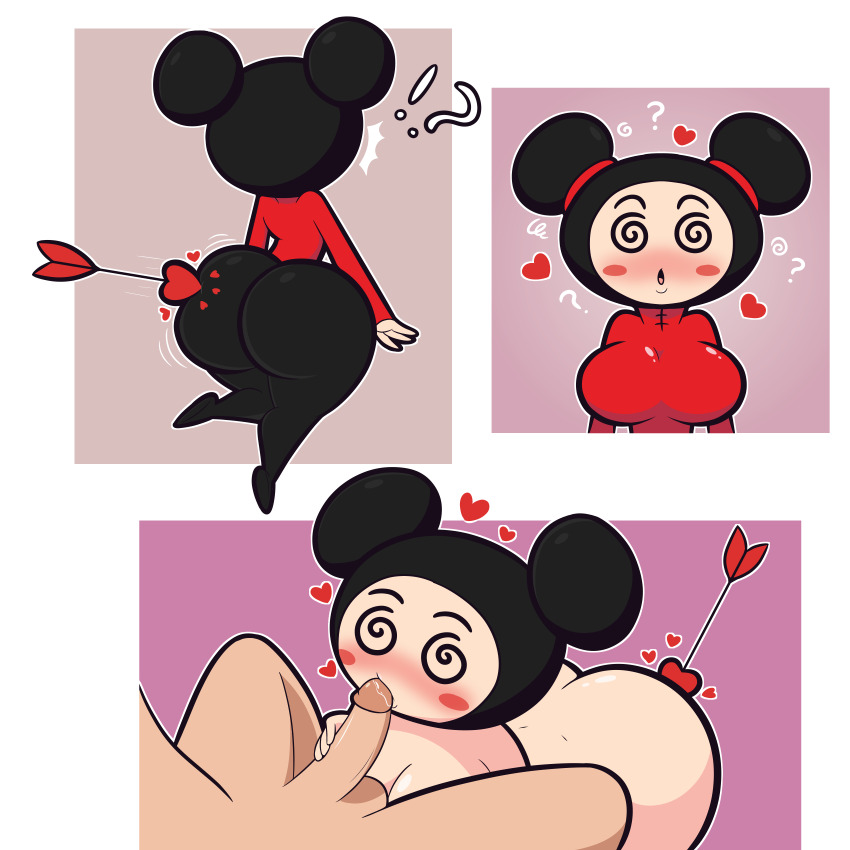 apopop arrow ass black_hair breasts comic fellatio femsub hair_buns heart large_ass large_hips maledom open_mouth pucca pucca_(series) spiral_eyes