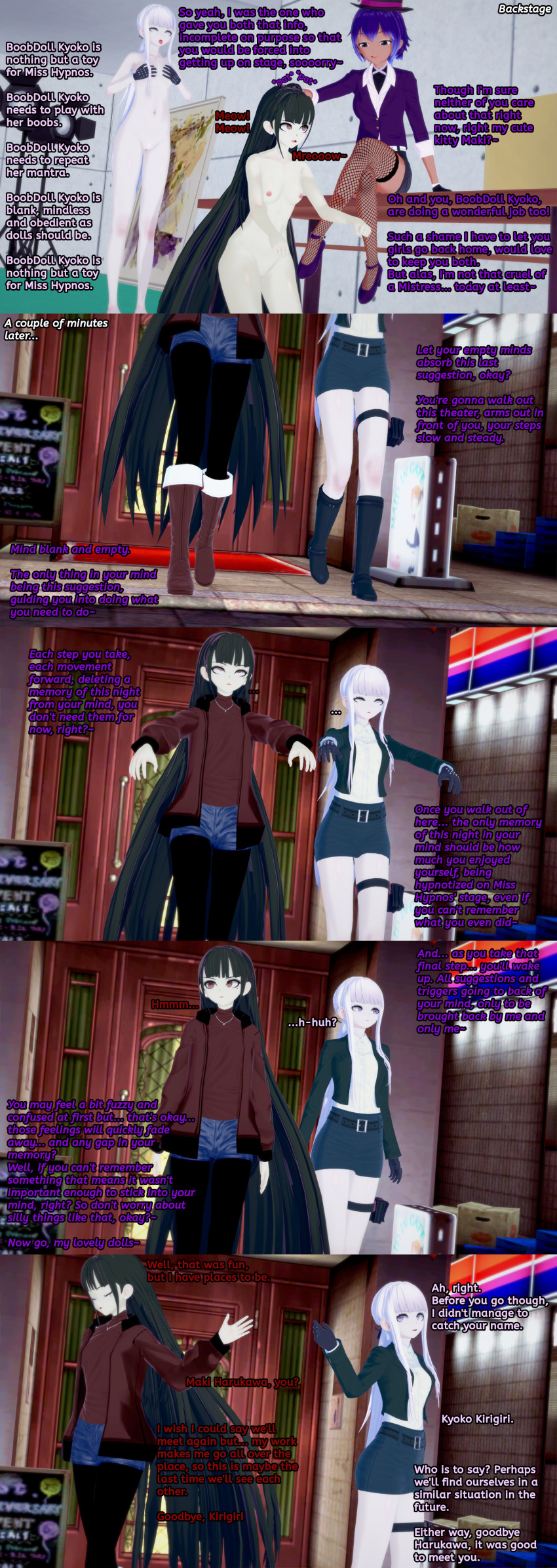 3d absurdres amnesia black_hair boots cat_pose dangan_ronpa dangan_ronpa_v3 dialogue english_text eye_roll female_only femdom femsub gloves koikatsu! kyoko_kirigiri leggings liz_b maki_harukawa mantra memory_alteration miss_hypnos_(liz_b) multiple_girls multiple_subs nude pale_skin pet_play purple_eyes purple_hair red_eyes shorts stage_hypnosis tan_skin text zombie_walk