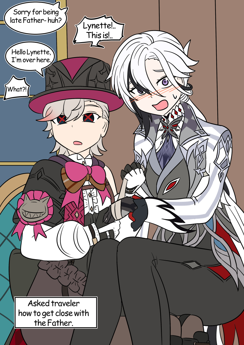 arlecchino_(genshin_impact) black_eyes black_hair blush body_swap bow bow_tie chair comic dialogue embarrassed english_text expressionless father_and_daughter father_and_son femsub genshin_impact gloves grey_eyes grey_hair long_hair looking_at_viewer lynette_(genshin_impact) lyney_(genshin_impact) maledom malesub multicolored_hair open_mouth ponytail short_hair sitting sitting_on_lap speech_bubble surprised sweat symbol_in_eyes text thighs vel white_hair