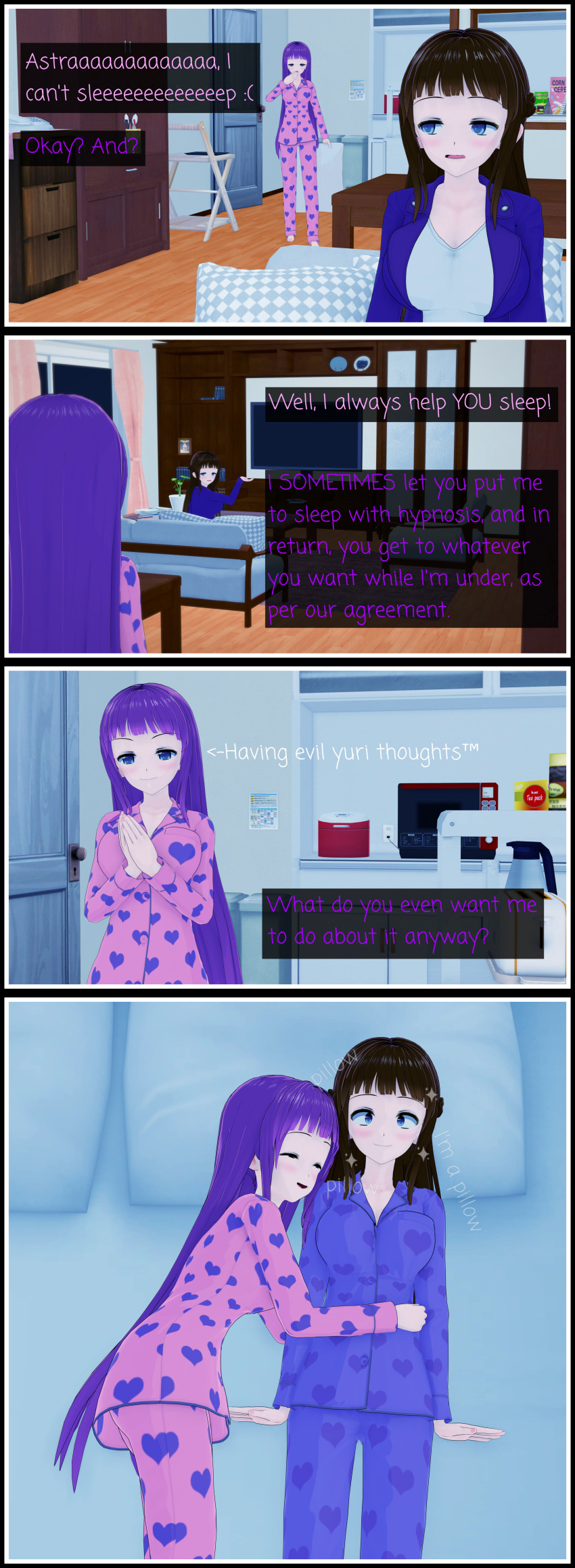 3d astra_(lunastra) brown_hair comic crossed_eyes cuddling english_text hug koikatsu! luna_(lunastra) lunastra original pink_hair sleeping sleepy text wholesome yuri