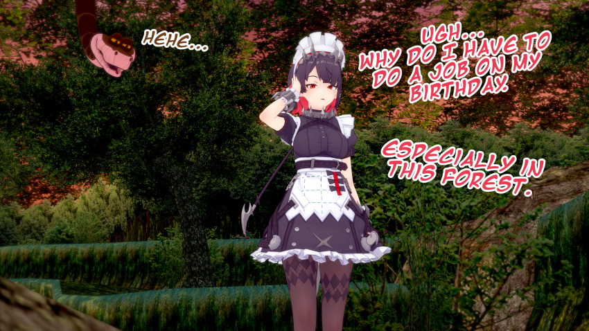 3d dialogue disney ellen_joe kaa kaa_eyes koikatsu! maid red_eyes shark_girl short_hair snake text thatguysly the_jungle_book zenless_zone_zero