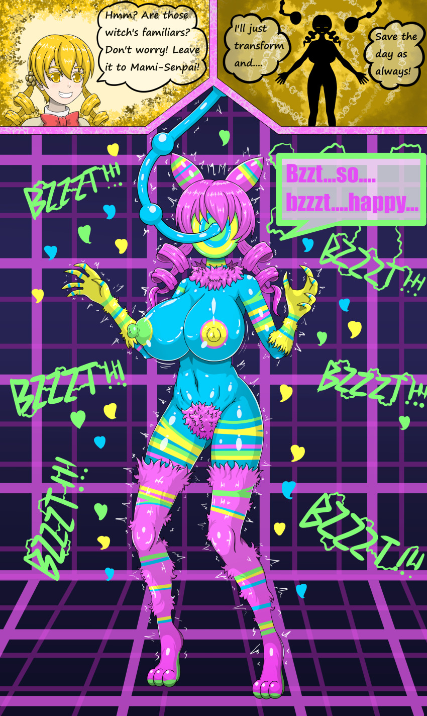 alternate_color_scheme alternate_hair_color arrashi bangs before_and_after blue_skin bottomless bow bow_tie comic deltarune drill_hair faceless female_only femsub hair_ornament large_breasts mami_tomoe navel nipples pubic_hair puella_magi_madoka_magica smile standing tentacles text thighhighs topless trembling twintails werewire