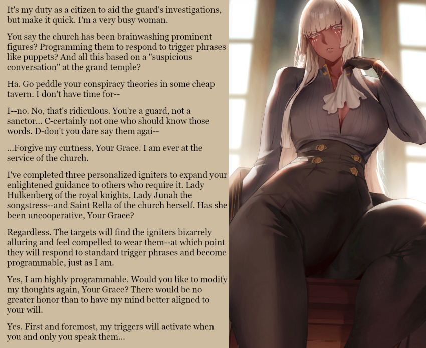ambiguous_pov brigitta_lycaon caption caption_only cleavage dark_skin femsub metaphor:refantazio monsieurchuchote_(writer) pov_dom rororo text tight_clothing trigger undressing white_hair