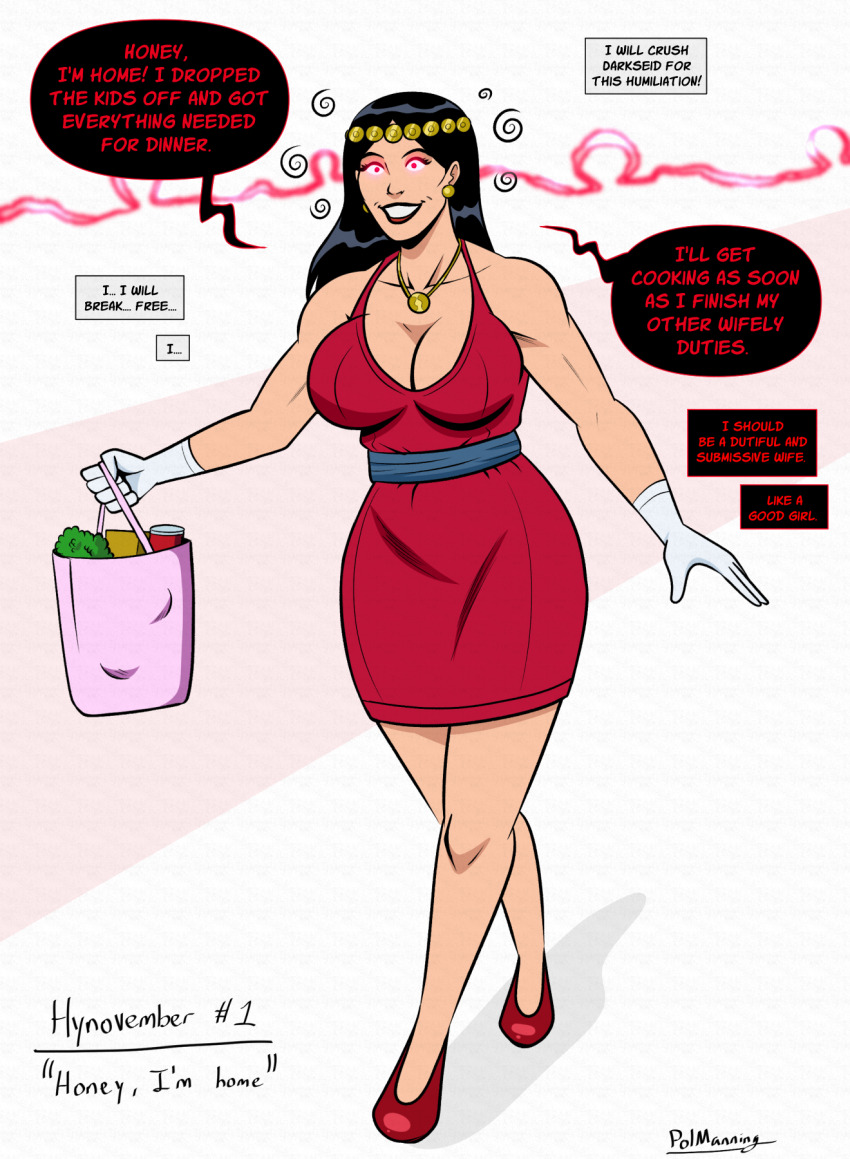 big_barda black_hair cleavage dc_comics dress earrings female_only femsub gloves glowing_eyes high_heels housewife hypnovember long_hair necklace polmanning red_eyes smile speech_bubble stepfordization super_hero text