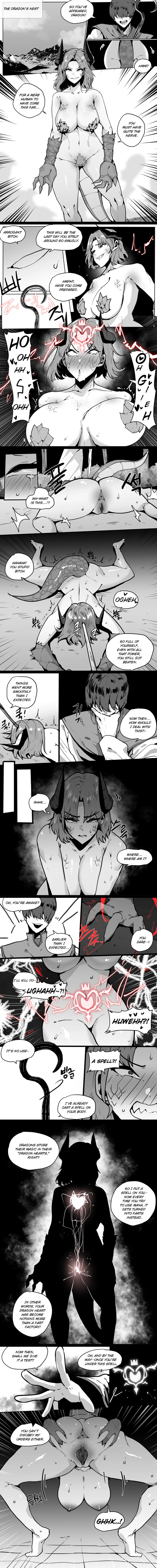 absurdres anus aware blush body_control breasts buttermagarin clothed confused control_indicator dialogue dragon_girl english_text eye_roll femsub hair_covering_both_eyes hard_translated horns instant_loss maledom nipples nude original pasties pubic_hair pussy sharp_teeth short_hair spread_anus tail tears text translated