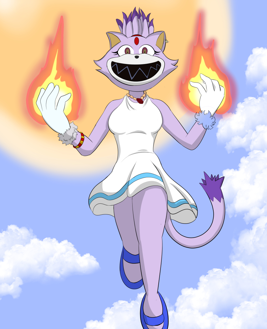 absurdres alternate_costume bare_legs bare_shoulders blaze_the_cat boo_(sonic) bracelet breasts cat_ears cat_girl cat_tail dress eye_color_change facial_markings femsub flame floating furry gloves halloween happy_trance jewelry legs lucas742 multicolored_eyes necklace outdoors ponytail possession princess purple_hair red_eyes royalty sharp_teeth smile sonic_the_hedgehog_(series) tail yellow_eyes