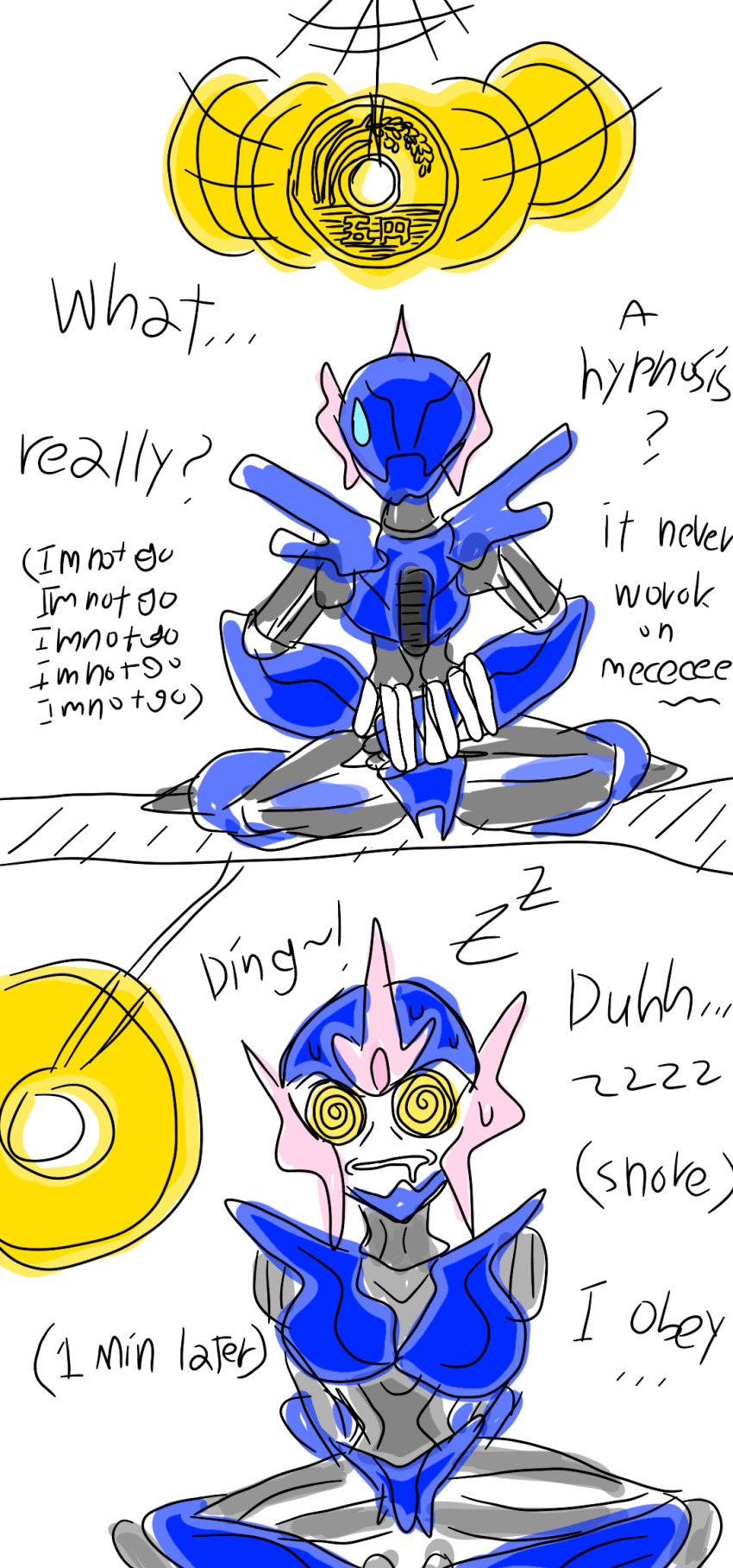 arcee artist_request comic dialogue drool engrish pendulum restrained robot robot_girl sleeping spiral_eyes transformers